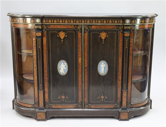 A Victorian ebonised, amboyna and marquetry inlaid credenza, W.5ft 1in.